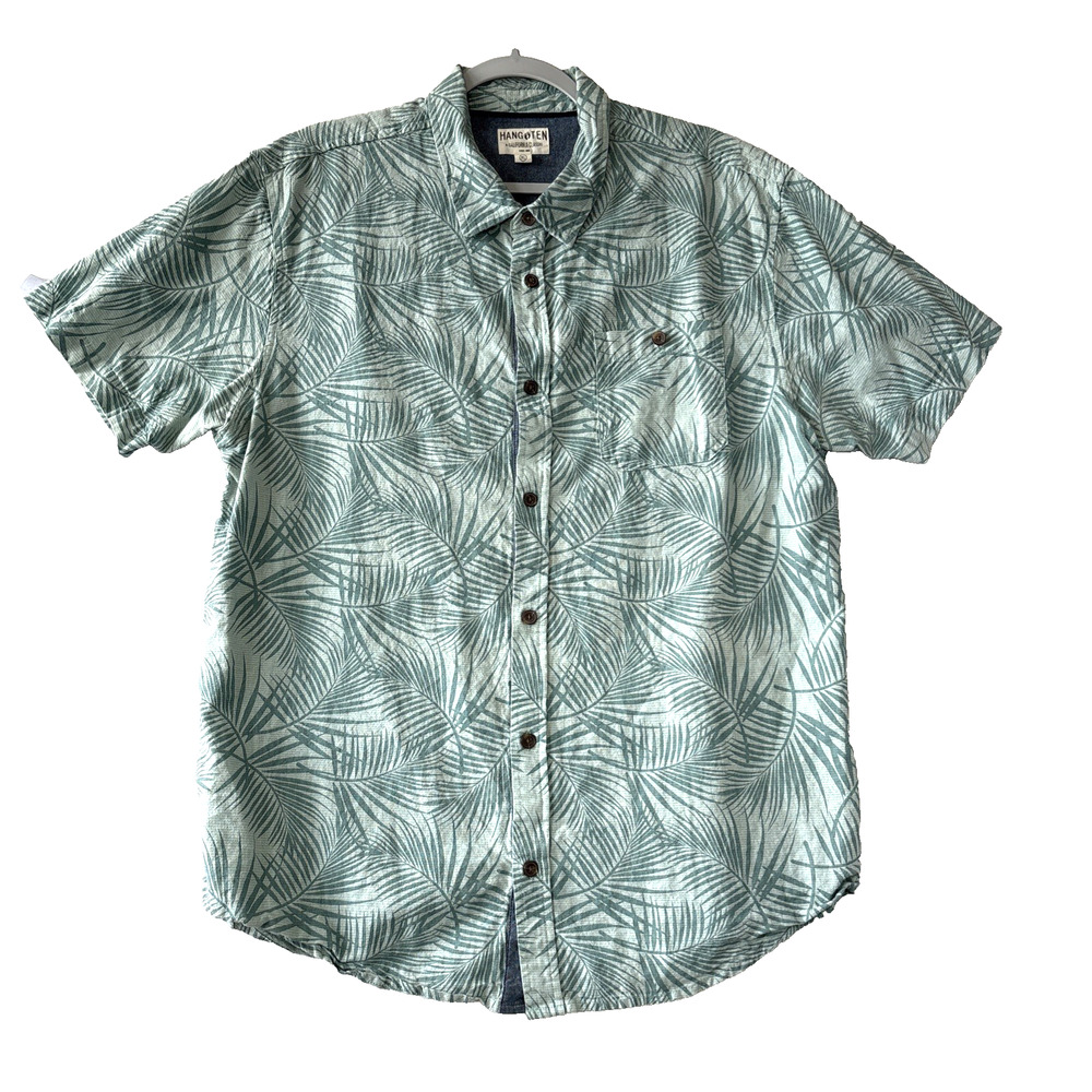 Hang Ten Mens Button Up Shirt XL Short Sleeve Palm Leaves Lt Blue Cotton Linen